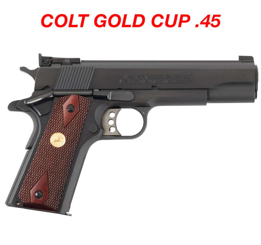 COLT GOLD CUP .45 pistol with dark finish and wooden grip, showcasing detailed design.