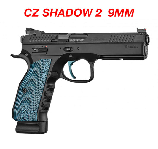 CZ Shadow 2 9mm pistol with a blue grip, showcasing its sleek design and durable construction.