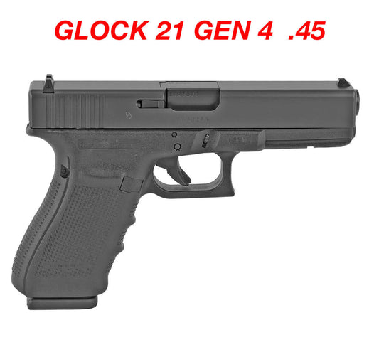 GLOCK 21 GEN 4 .45 model side view with ergonomic grip and tactical design.
