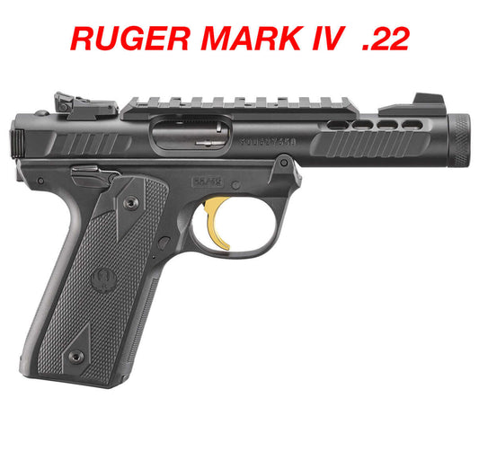 RUGER MARK IV .22 pistol with a sleek design, featuring a rail and ergonomic grip for enhanced shooting performance.