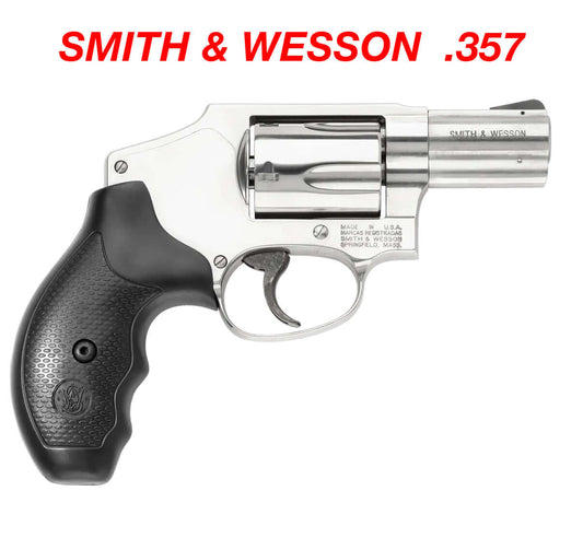 Smith & Wesson .357 revolver with silver finish and black grip. Ideal for powerful shooting performance.