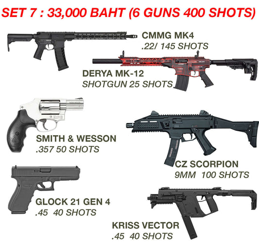 Set 7 guns package: CMMG MK4, Derya MK-12, Smith & Wesson, Glock 21 Gen 4, CZ Scorpion, Kriss Vector - 33,000 Baht, 400 shots