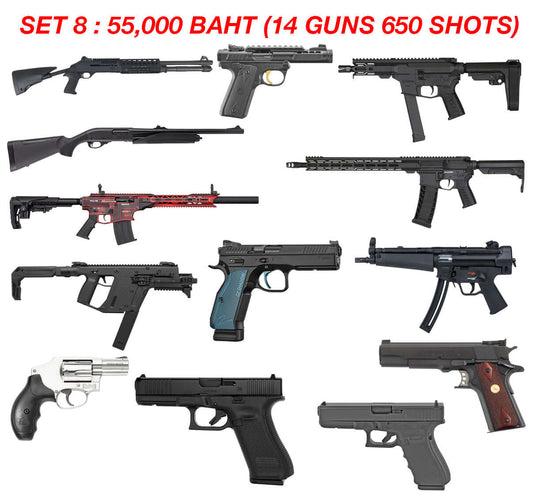 SET 8 featuring 14 guns and 650 shots, priced at 55,000 Baht, showcasing various shotguns and handguns.
